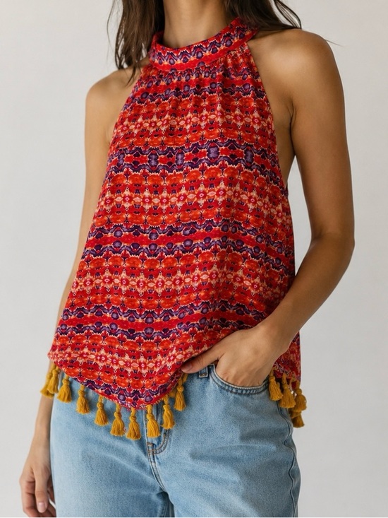 THML Tops - THML Boho Aztec Print Halter Top Size Medium M Yellow Tassel Hem EUC